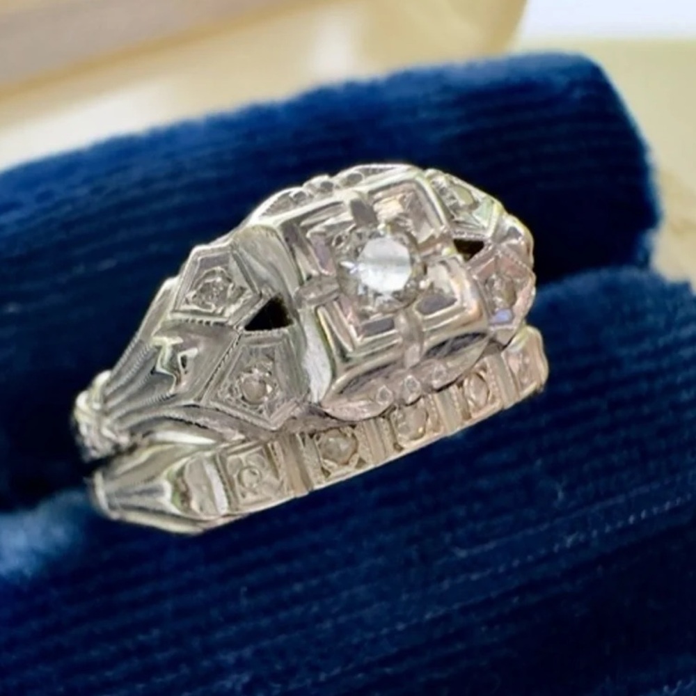 Antique 14K Gold Diamond Engagement Ring & Wedding Band 10K Gold Estate Art Deco - Picture 3 of 14